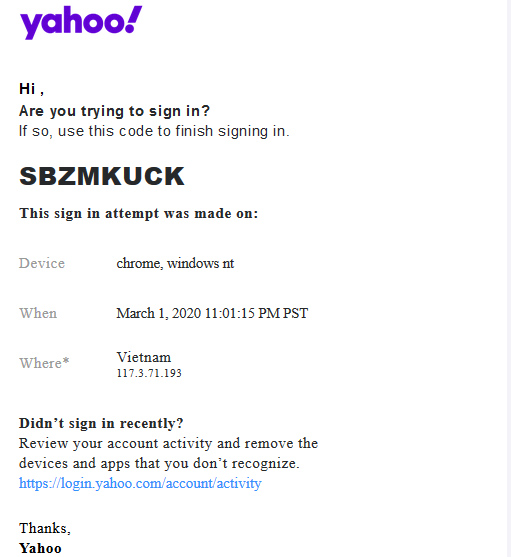 Yahoo 2 Factor Email prompt