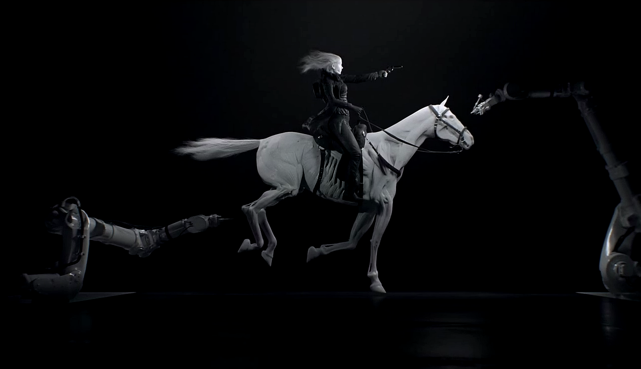 A Robot riding a artificial horse