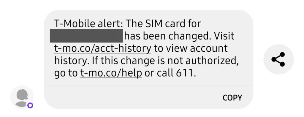 T Mobile Text message indicating my sim has changed