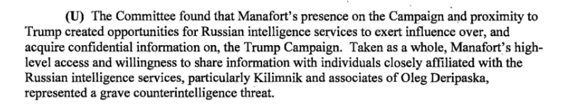 Snippet from the US Senate Intel Commitee claiming that Constatin Kilimnik is a Russian Intellegence Officer