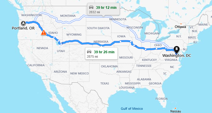 From Portland to DC is about 2800 Miles