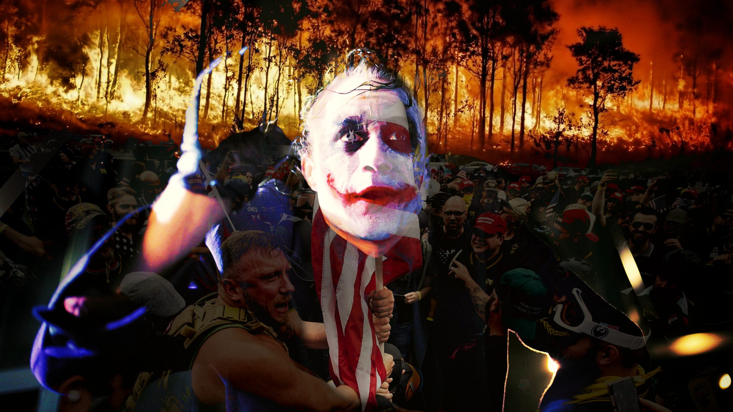 The Joker From Batman overlaid a bunch of proud boys fighting and a forest fire in the background