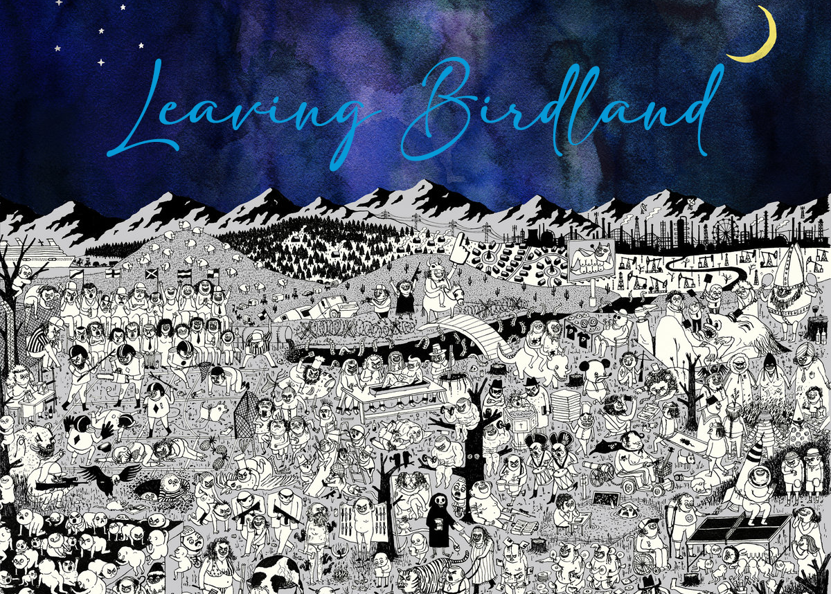 Father John Misty's True Comedy Album Cover as a Background to the Words Leaving Birdland. Which is a play on the song Leaving LA from his album